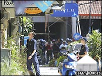 Australian Federal Police (AFP) investigate the bomb site at Raja's restaurant in Kuta, after the Bali suicide terror attacks, on October 3, 2005 in Bali, Indonesia.